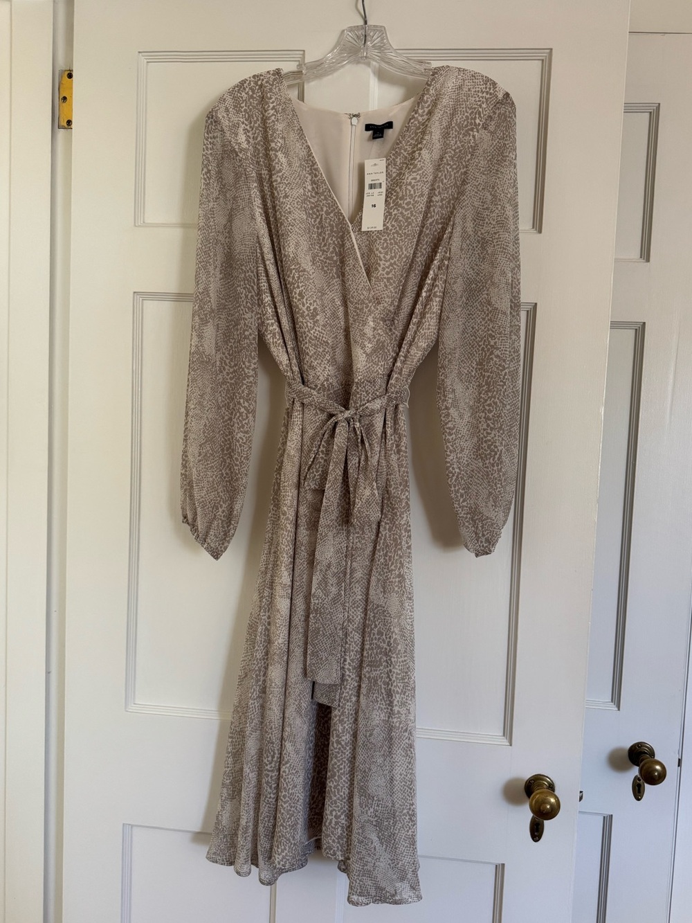 Ann Taylor Taupe Snake-Print Long-Sleeve Wrap Midi Dress (NWT)